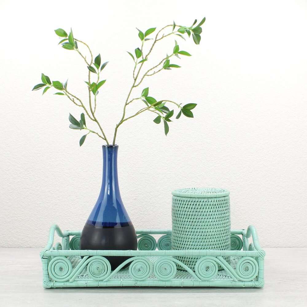 New Swirly Rectangle Large Rattan Tray with Handles-Sage Leaf-17.7"